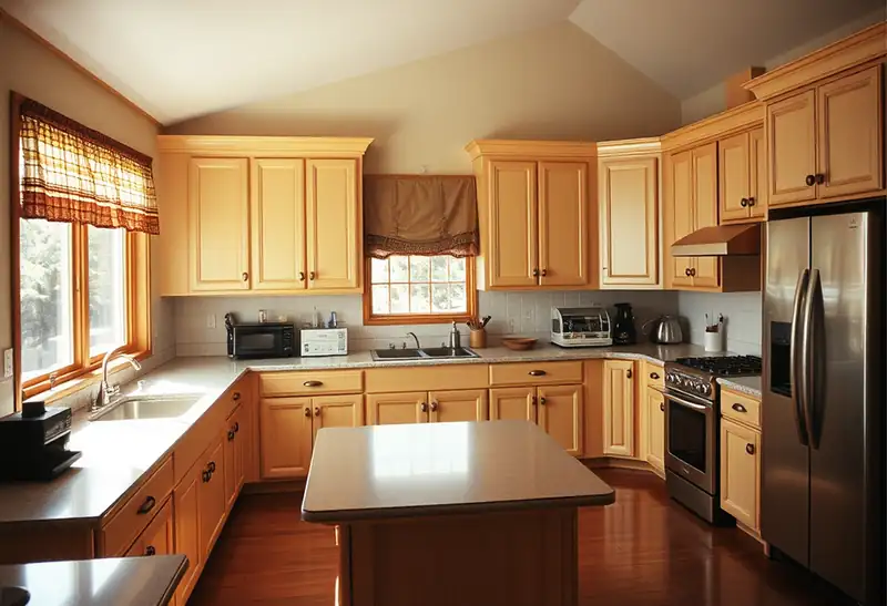 Illustration of kitchen with shaker cabinets and an island in a 1982-era home