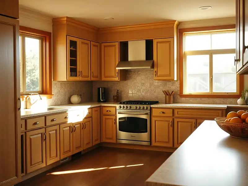 Illustration of close-up of materials and finishes of kitchen with shaker cabinets and an island in a 1982-era home